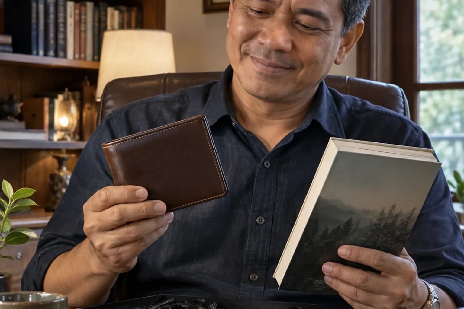 Hadiah wisuda untuk perempuan dengan bunga dan kartu ucapan